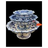 SET OF 3 BLUE AND WHITE PORCELAIN FOOTED NESTING