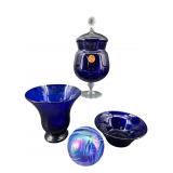 4 PC LOT OF COBALT GLASS & HAND BLOWN ORNAMENT