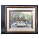 FISHING WATERCOLOR SIGNED IN FRAME