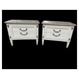 2 WHITE LACQUERED MARBLE TOP 2 DRAWER STANDS