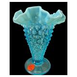 FENTON BLUE OPALESCENT HOBNAIL TRUMPET VASE