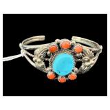 STERLING TURQUOISE AND CORAL SOUTH WESTERN BANGLE