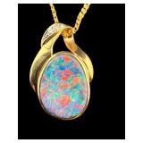 14K NATURAL BLACK OPAL & DIAMOND PENDANT W CHAIN