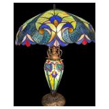 LARGE TIFFANY STYLE 3 LIGHT LEADED GLASS LAMP