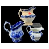3 PC LOT OF ANTIQUE FLOW BLUE PORCELAIN PITCHERS