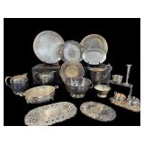 LARGE LOT OF SILVERPLATE SERVING TRAYS, BOWLS,