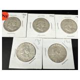 LOT OF 5 BEN FRANKLIN SILVER HALF DOLLARS