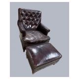 DISTRESSED LEATHER BUTTON TUFTED CHAIR AND OTTOMAN
