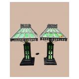 2 ARTS AND CRAFTS CAST IRON & GREEN SLAG GLASS