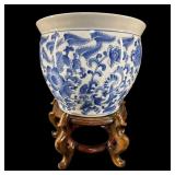 ORIENTAL BLUE AND WHITE FISHBOWL PLANTER ON STAND