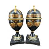 2 JOHN RICHARD BLACK AND GOLD TOLE URNS