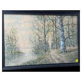 LANDSCAPE PAINTING WITH TREES BY A LAKE