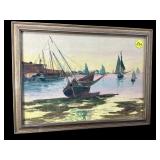 MARITIME WATERCOLOR PAINTING OF SHIPS IN HARBOR