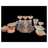 14 PC LOT PINK DEPRESSION MILK GLASS AND CRYSTAL