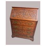 HEAVY CARVED 19TH CENTURY OAK SLANT FRONT DESK