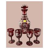 5 PC RUBY ETCHED GRAPE AND LEAF DECANTER SET