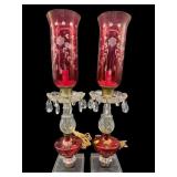 PR OF CRANBERRY ETCHED PRISM HURRICANE LAMPS