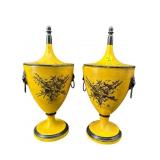 2 ITALIAN BLACK AND YELLOW TOLEWARE URNS WITH LIDS