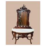 HEAVY CARVED MARBLE TOP CONSOLE TABLE WITH MIRROR