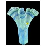 VERY LARGE MURANO STYLE BLUE AND GREEN RUFFLED