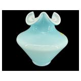 FENTON BLUE OVERLAY TRI-CRIMP VASE