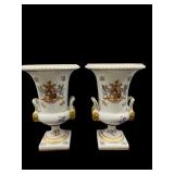 2 HAND PAINTED FRENCH PORCELAIN FOOTED URNS