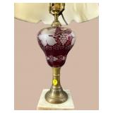 ETCHED CRANBERRY BRASS AND MARBLE LAMP