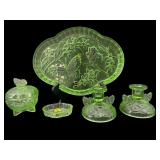 5 PC SOWERBY GREEN GLASS BUTTERFLY VANITY SET