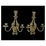 2 ORNATE BRASS 2 LIGHT HANGING CANDLE SCONCES