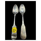2 PC LOT ANTIQUE FIDDLEBACK COIN SILVER SPOONS