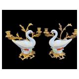 2 PORCELAIN SWANS ORNATE GOLD CANDELABRAS