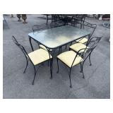 IRON GLASS TOP TABLE AND 6 CHAIRS