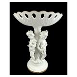 BISQUE FIGURAL CHERUB TRIO TALL COMPOTE