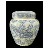 BLUE AND WHITE ORIENTAL PORCELAIN FLORAL COVERED