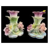 PR OF PORCELAIN HAND PAINTED FLORAL CANDLESTICKS