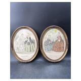 2 CAMEO FRAMED HAND COLORED FASHION ENGRAVINGS