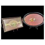 2 PC LOT WOOD AND GLASS SERVING TRAYS