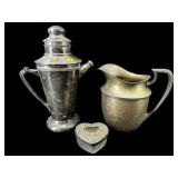 3 PC SILVERPLATE COCKTAIL SHAKER, PITCHER &