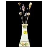 HAND PAINTED NIPPON HAT PIN HOLDER WITH HAT PINS