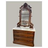 HEAVY CARVED ROSEWOOD MARBLE TOP DRESSER WITH