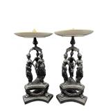 2 ORNATE CAST IRON AND PORCELAIN FIGURAL TAZZAS