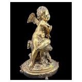 LARGE BRONZE CHERUB ON STAND THAT HAS BEEN GOLD