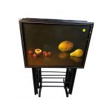 SET OF FRUIT DESIGNED SNACK TRAYS ON STAND