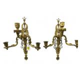 2 ORNATE BRASS 3 LIGHT WALL SCONCES
