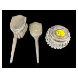 3 PC LOT STERLING SILVER BRUSHES & VANITY JAR