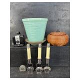 BOX LOT MCCOY BROWNIE CAMERA CANDLESTICKS