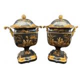 2 CERAMIC CHINOISERIE DECORATED URNS WITH LIDS