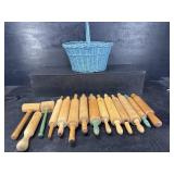 BASKET WITH 11 ANTIQUE ROLLING PINS