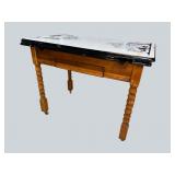 ART DECO PORCELAIN TOP DECORATED DRAW LEAF TABLE