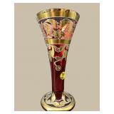 BOHEMIAN CRANBERRY HAND PAINTED GOLD VASE